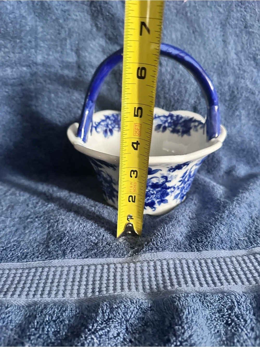 Crate&Barrel Blue and White Ceramic Basket with Floral Motif